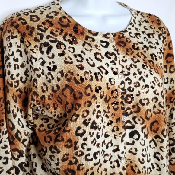 Boston Proper Animal Print Cardigan Sweater Sz S Silk Cotton Brown Sequins - Picture 2 of 5